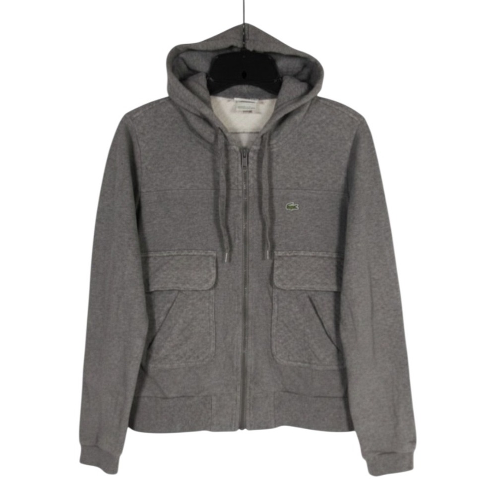 LACOSTE Gray QUILTED TRIM Full Zip MULTI POCKETS Jersey Knit HOODIE Jacket L/42